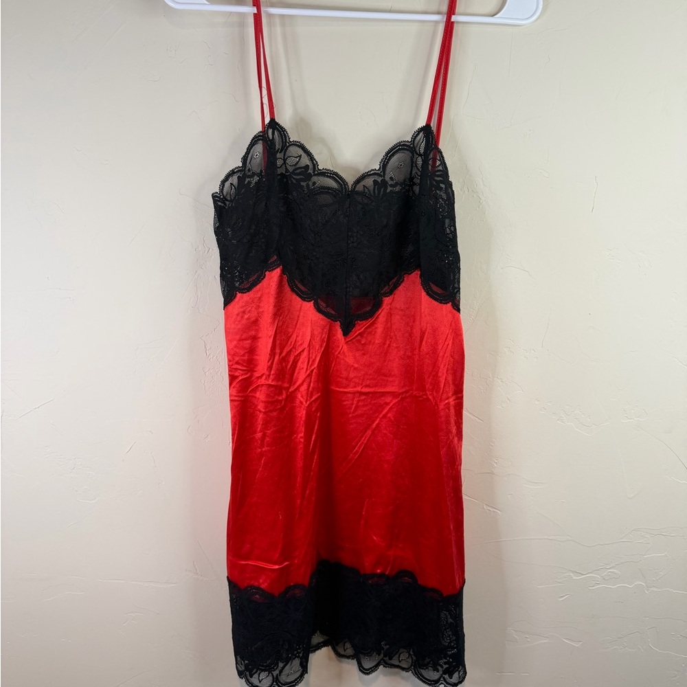 Vintage Victoria's Secret gold label Red Satin Slip with Black Lace Trim